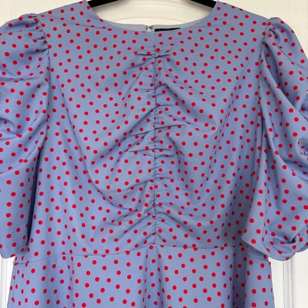 Kate Spade Plus Size 16 Peplum Top Ruched Blue Red Polka Dots Puff Sleeves Zip